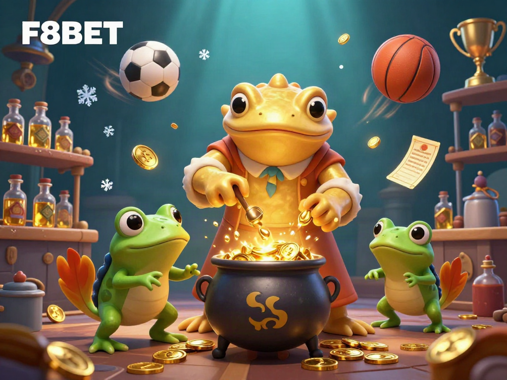 Engage with F8BET in an immersive 3D casino scene showcasing a golden salamander alchemist and sports elements.