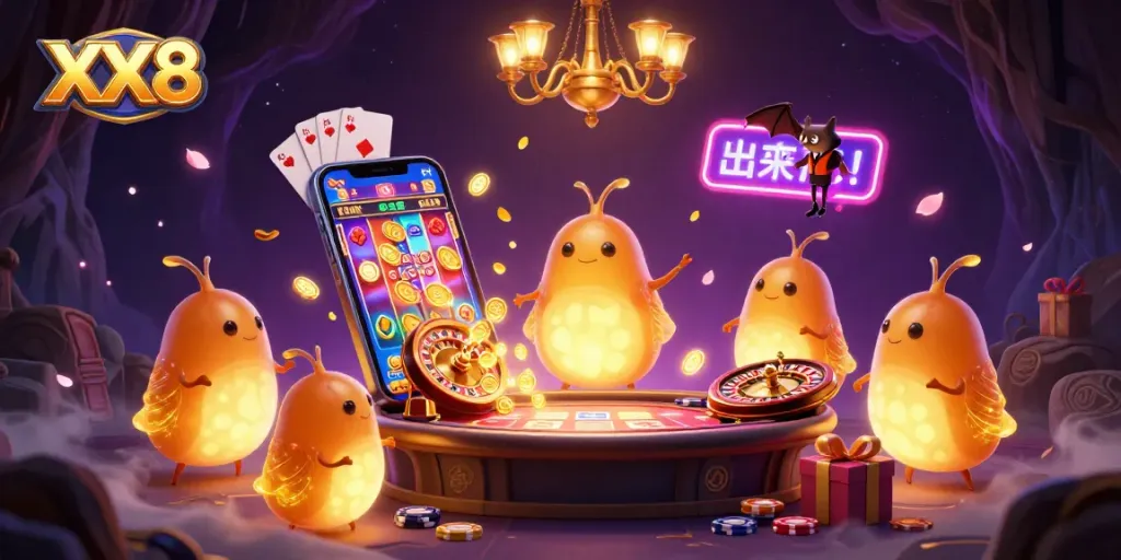 Experience XX8 gambling excitement as glowworms light up a cave casino with vibrant game elements.