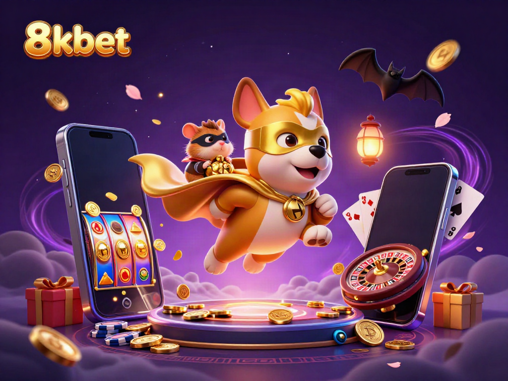 Experience thrilling gaming action with 8kbet's energetic 3D illustration featuring superhero characters and casino themes.