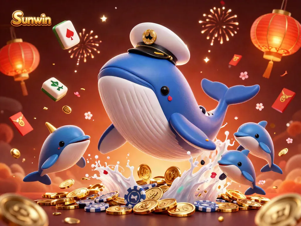 Win big with Sunwin as playful dolphins and a giant whale swim in a vibrant casino scene.