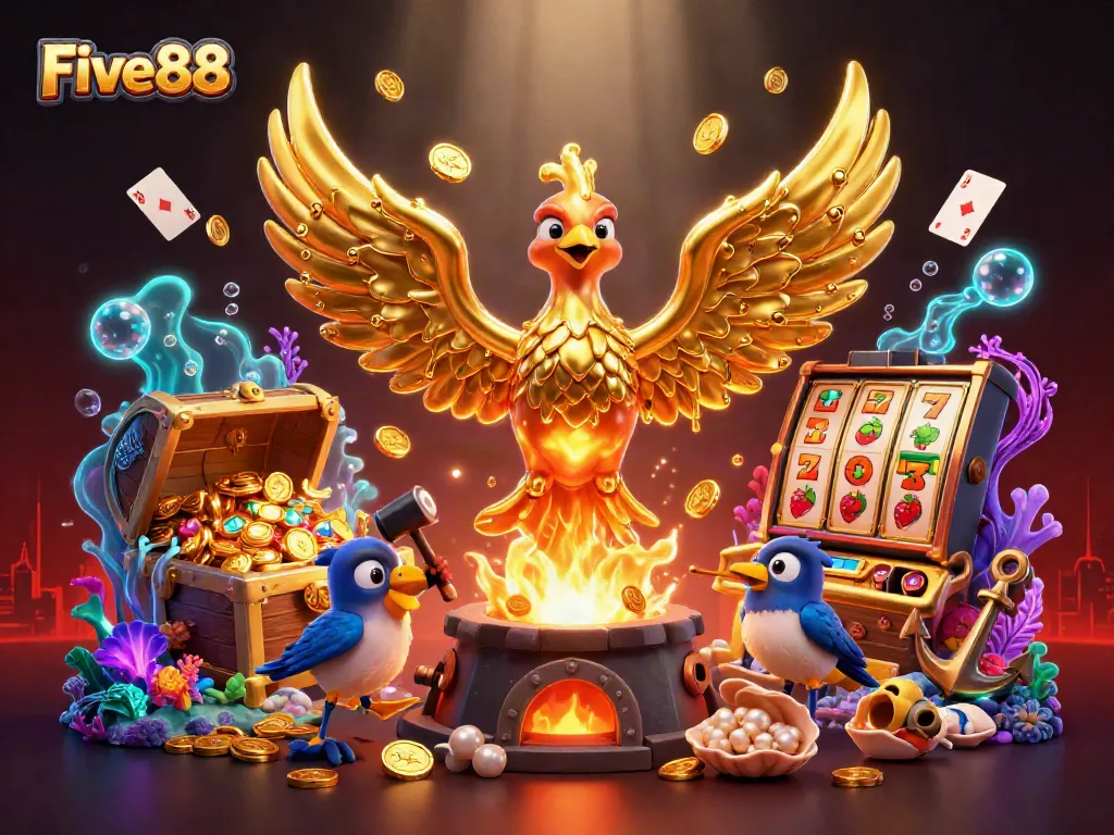 Experience thrilling wins at Five88 with a dynamic gaming scene featuring molten phoenix and vibrant slots.