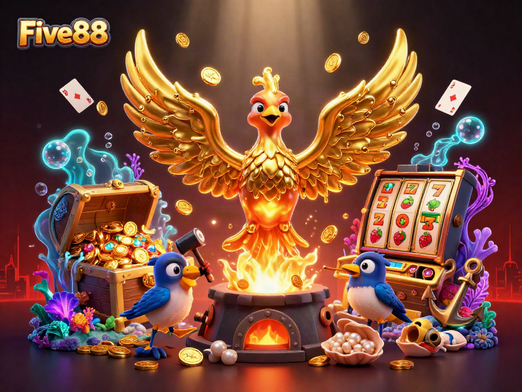 Experience thrilling wins at Five88 with a dynamic gaming scene featuring molten phoenix and vibrant slots.
