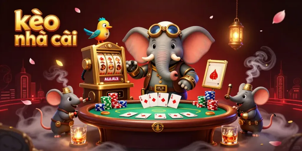 Engaging scene depicting kèo nhà cái with a steampunk elephant engineer at a vibrant poker table, operating a slot machine.