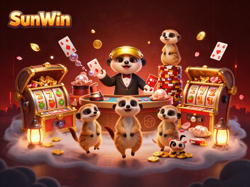 SunWin casino scene with meerkats managing slot machines and treasures beneath cherry blossoms