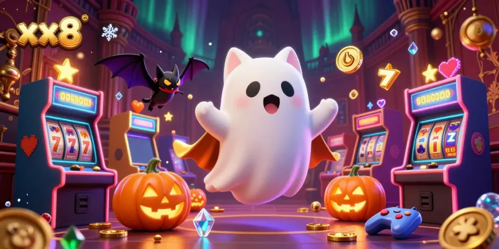 Experience the thrilling atmosphere of xx8's haunted casino with colorful slot machines and engaging ghostly characters.