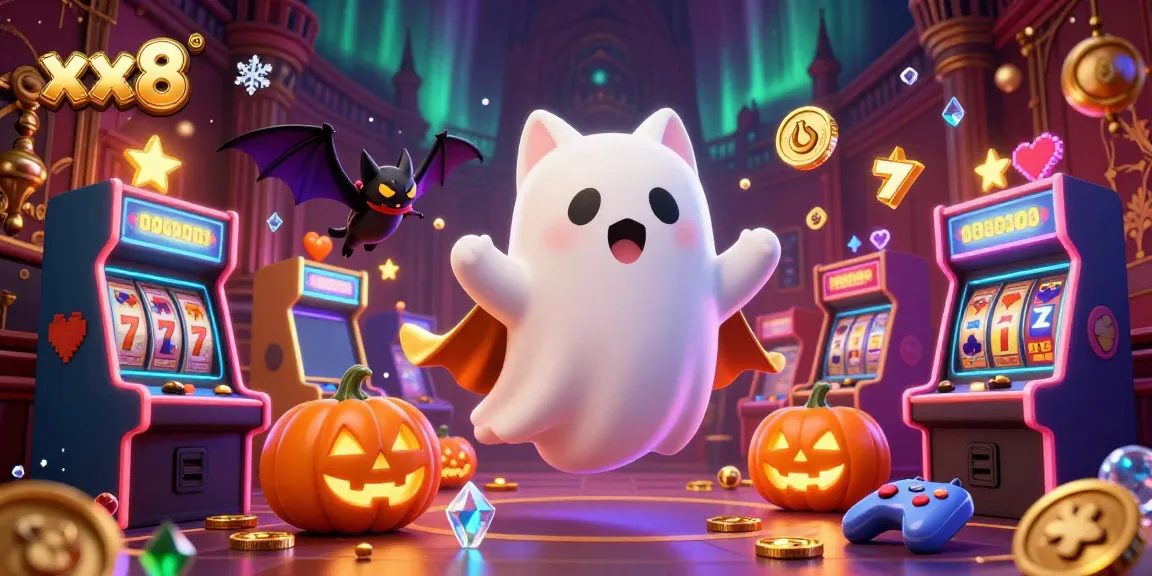 Experience the thrilling atmosphere of xx8's haunted casino with colorful slot machines and engaging ghostly characters.