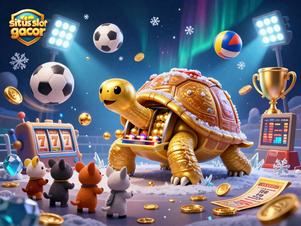 Situs slot gacor illustration showcasing a colossal golden tortoise slot machine with vibrant game elements, engaging a lively audience.