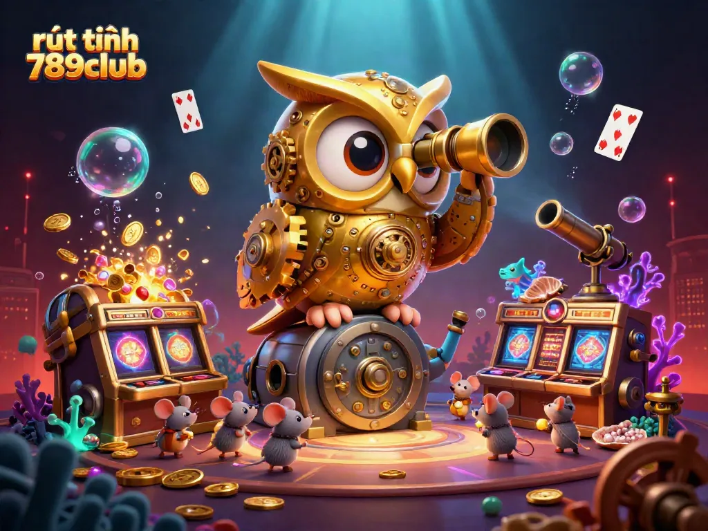 Engage in rút tiền 789club with a vibrant casino scene featuring a golden owl and lively slot machines.