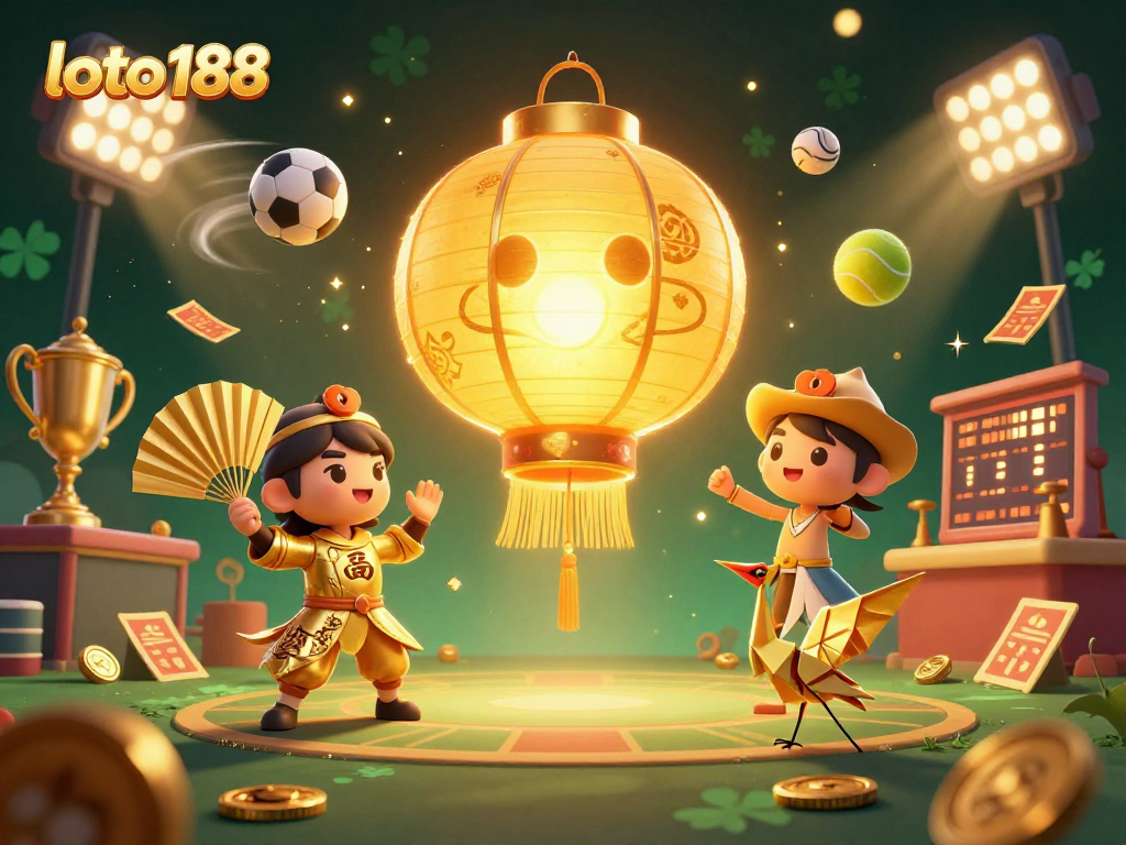 Engage with loto188's vibrant casino atmosphere featuring a glowing lantern spirit and dynamic sports elements.
