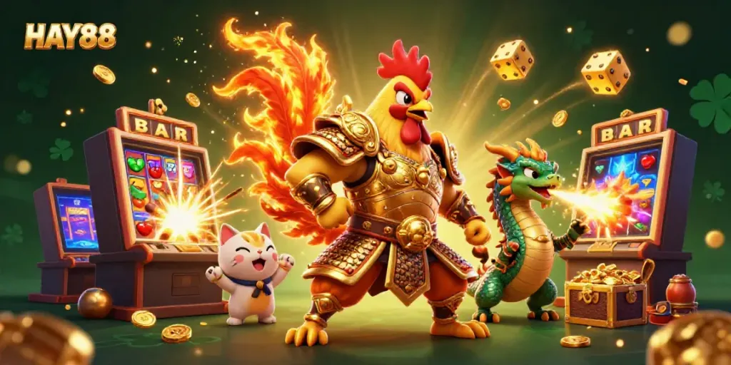 Experience the excitement of HAY88 with vibrant 3D casino elements and characters celebrating big wins.