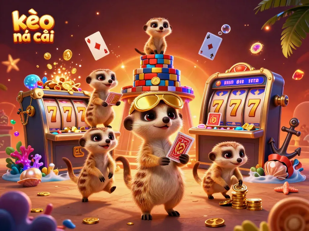 Discover the captivating world of kèo nhà cái with meerkats engaged in casino operations featuring slots and colorful gems.
