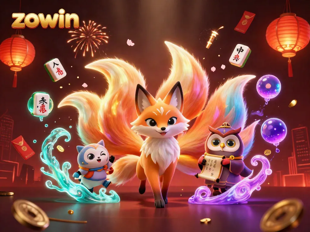 Zowin casino experience featuring vibrant spirit characters and traditional gambling elements amidst an enchanting backdrop.
