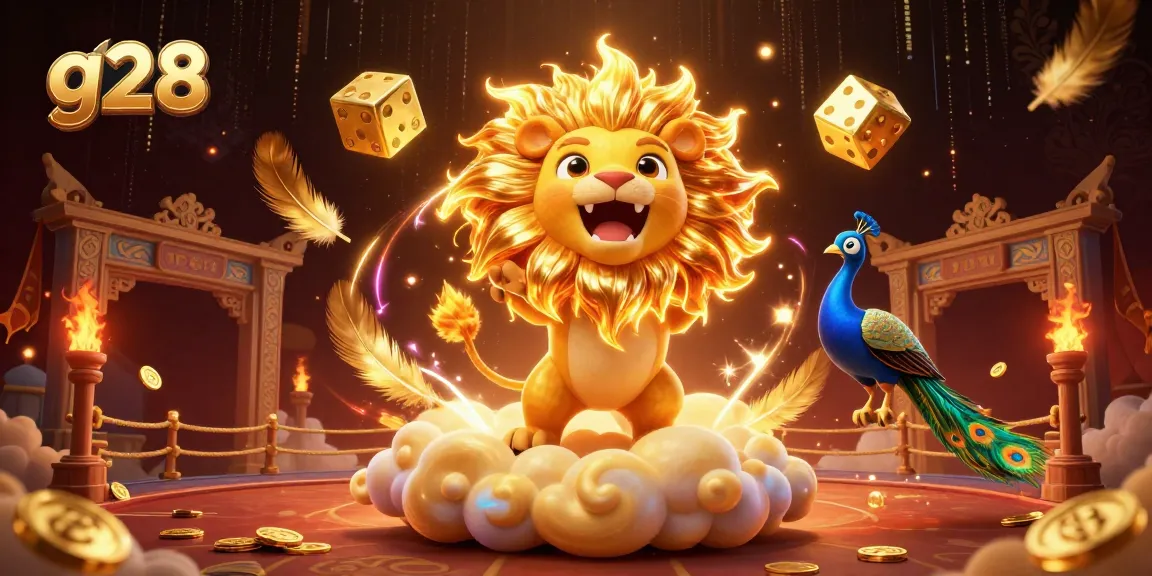 g28 showcases a roaring sun lion surrounded by gold dice and casino elements in this vibrant illustration