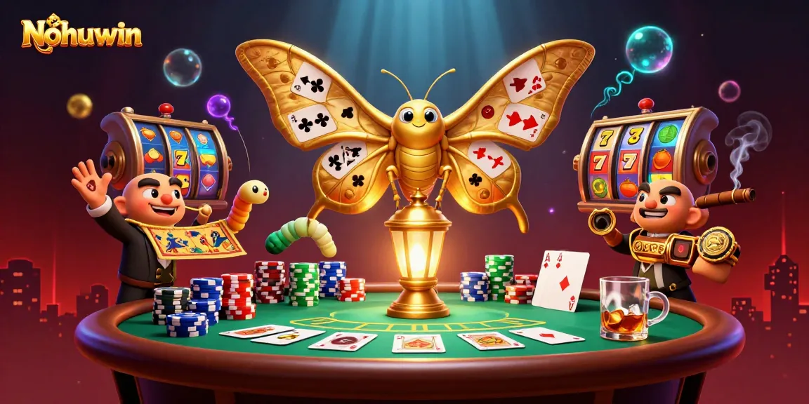 Nohuwin features a vibrant casino scene with a golden atlas moth amidst poker chaos and immersive gaming elements.