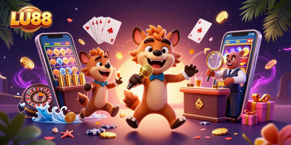 LU88 offers a vibrant comedic casino experience with hyena characters entertaining in a lively scene.