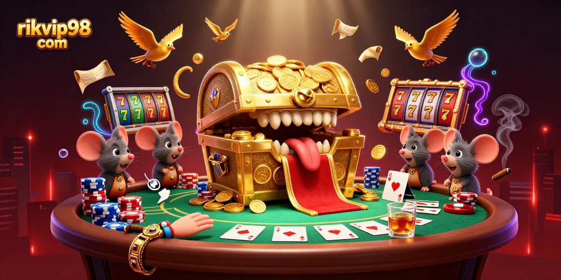 Win big at rikvip98 com with colorful slot games and a treasure chest luring adventurers.