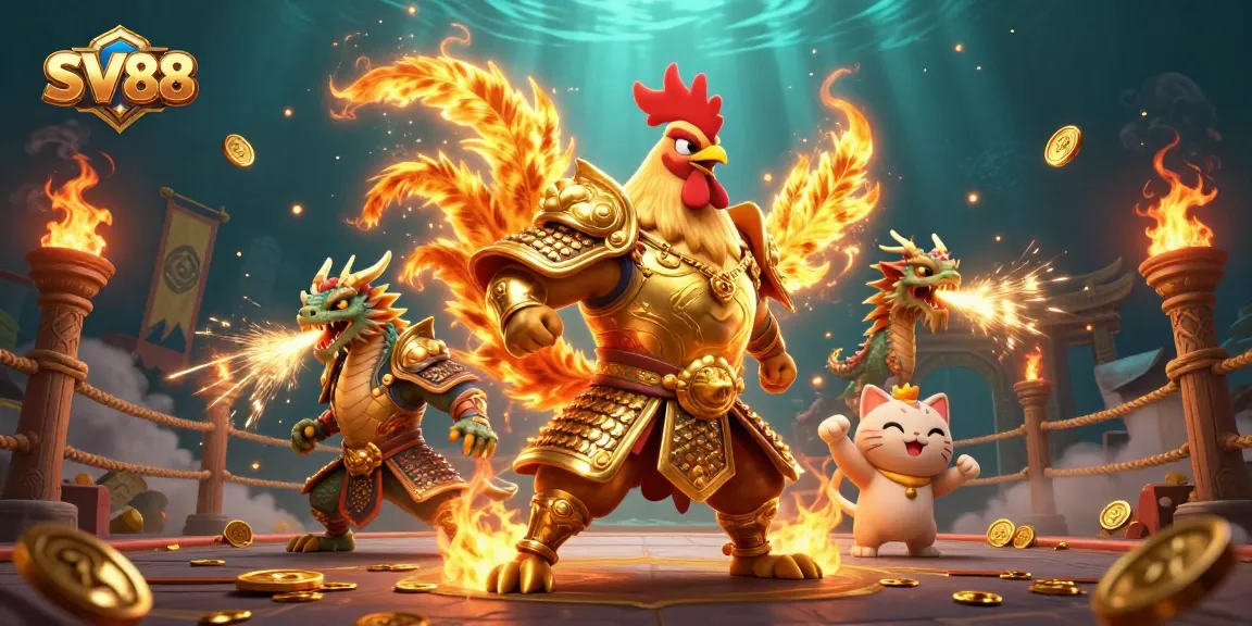 SV88 showcases a fierce rooster warrior and dragon hatchling in a dynamic casino arena.