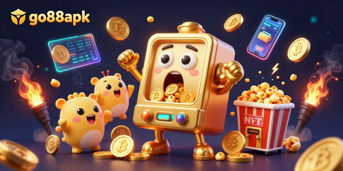 Go88apk thrills as a golden slot machine hits the jackpot and spills coins everywhere in a colorful animated scene.