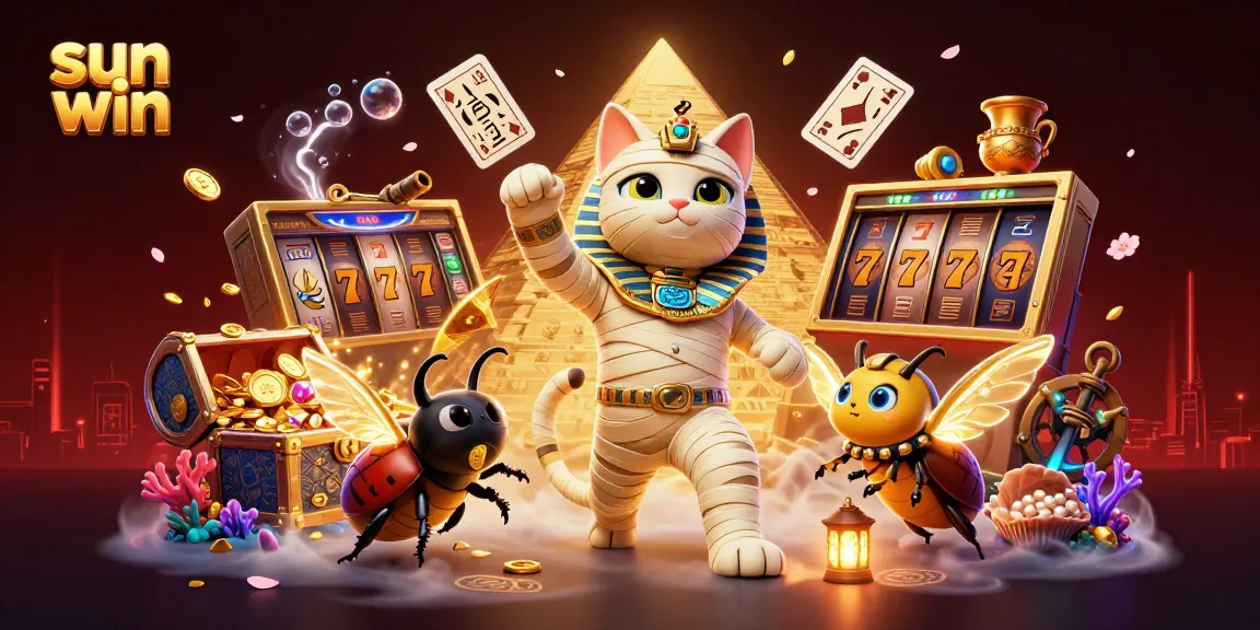 Experience the excitement of sun win gaming with a dynamic scene featuring an Egyptian mummy cat and thrilling casino elements.