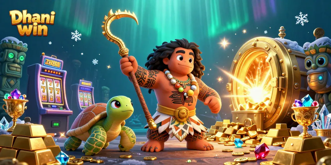 Dhani win casino scene with a demigod hawk, turtle sidekick, and glowing tiki statues amidst slot game elements and treasure.