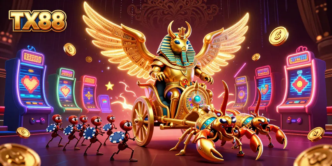 Engage with the TX88 casino experience through a vibrant scene of chariots, scorpions, and poker chips.