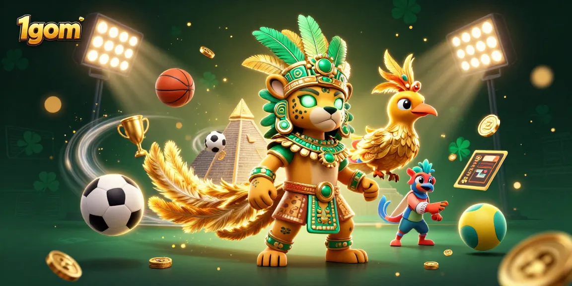 Engage with 1gom's dynamic sports betting scene featuring Mayan jaguar priest and quetzal bird.