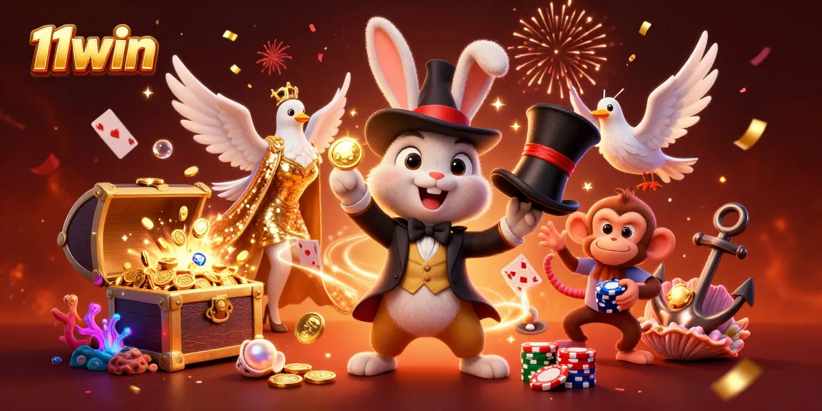 Experience thrilling gambling with 11win featuring vibrant 3D casino characters and playing cards.