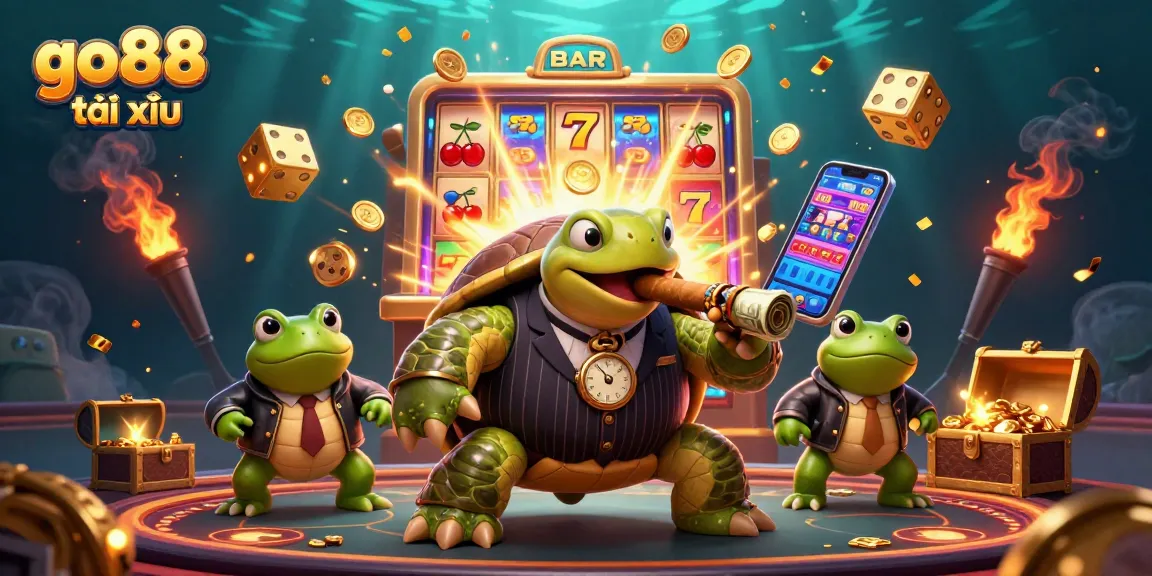 Experience the excitement of go88 tài xỉu with a vibrant illustration featuring a snapping turtle and casino elements.