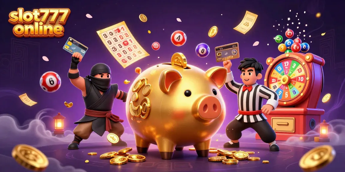 Experience excitement in slot777 online with a dynamic scene featuring a sumo wrestler piggy bank, vibrant lottery elements, and a lively casino atmosphere.