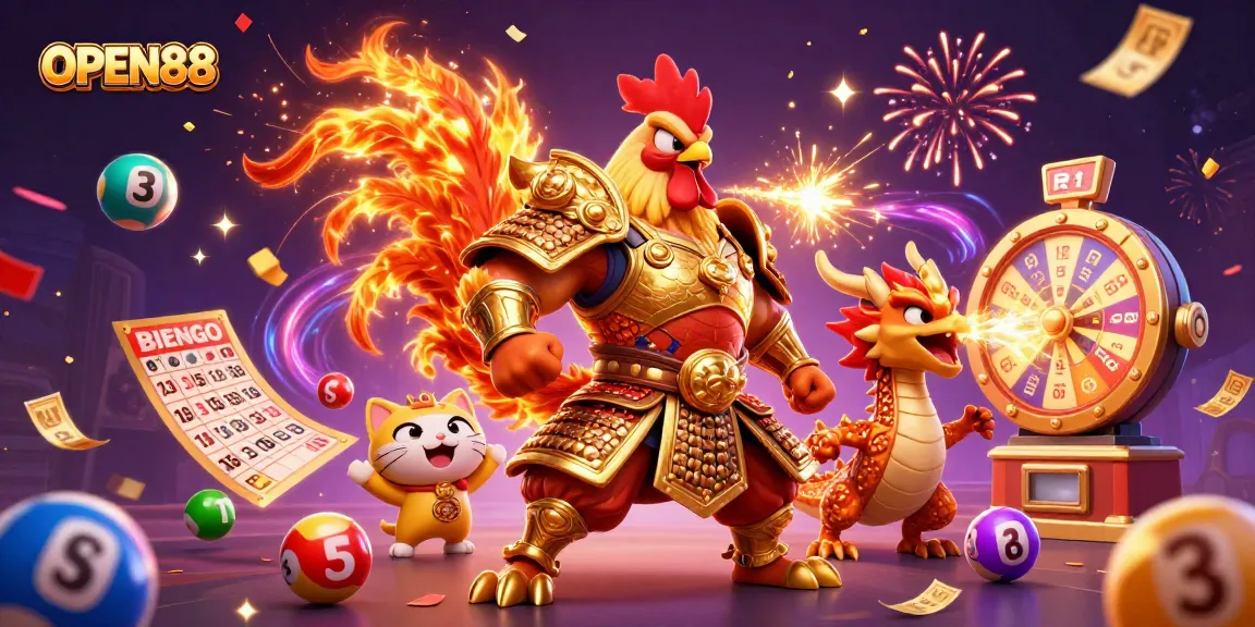 Experience the excitement of OPEN88 with a dynamic scene featuring thrilling characters and vibrant casino elements.