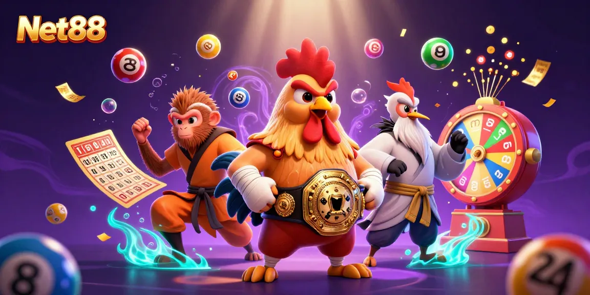 Engage in thrilling gaming with Net88, featuring exciting lottery elements and vibrant characters.
