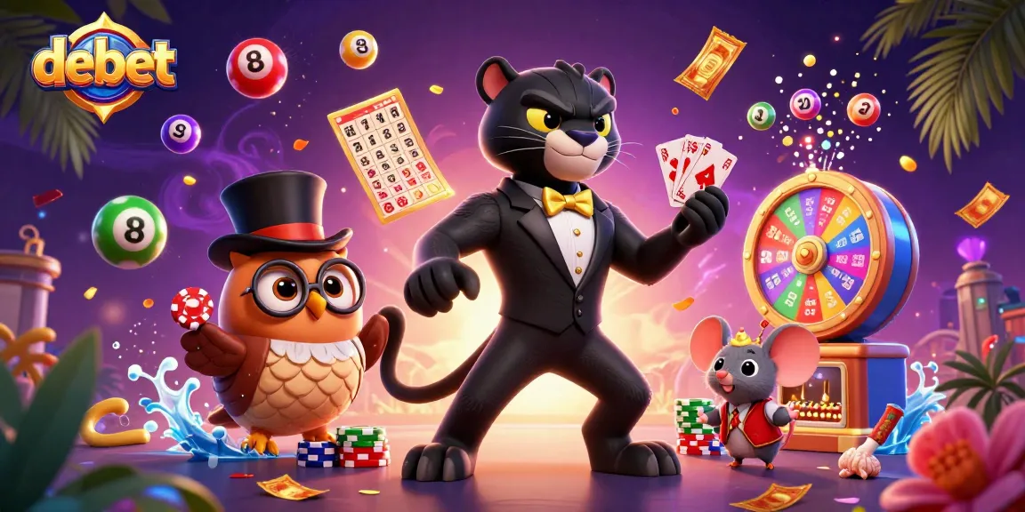 Bet on debet with a stylish 3D panther dealer and fun casino characters amidst vibrant gaming elements.