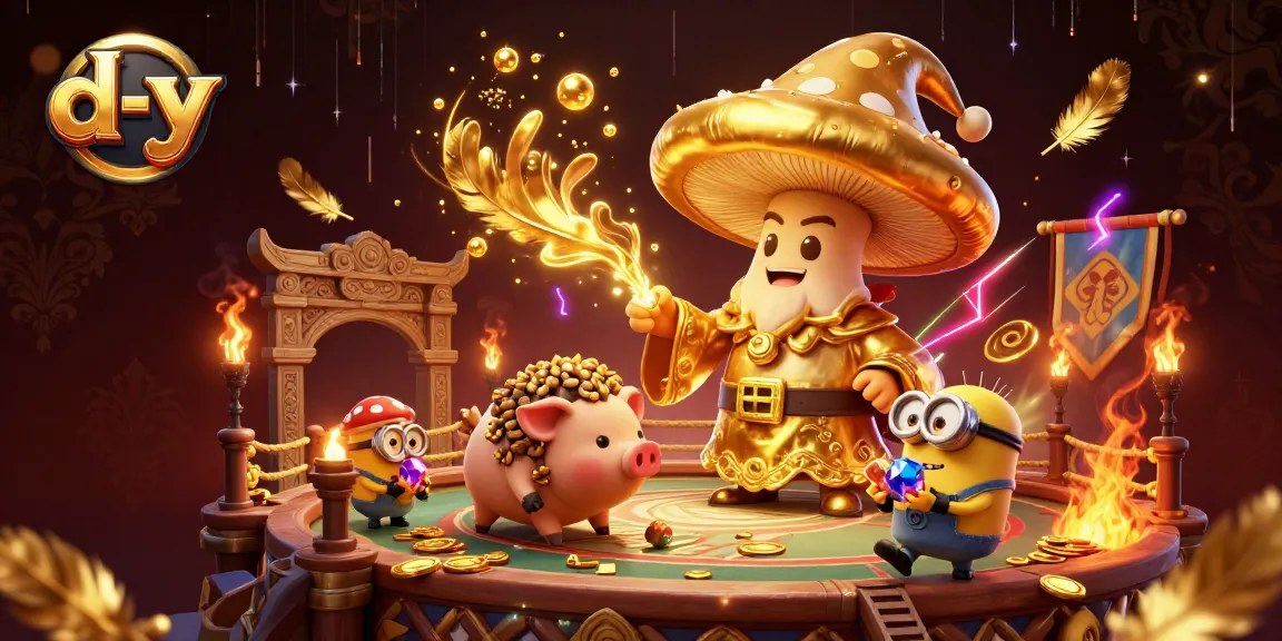 Engage in treasure hunting with d-y's magical wizard illustration featuring golden coins and vibrant casino elements.
