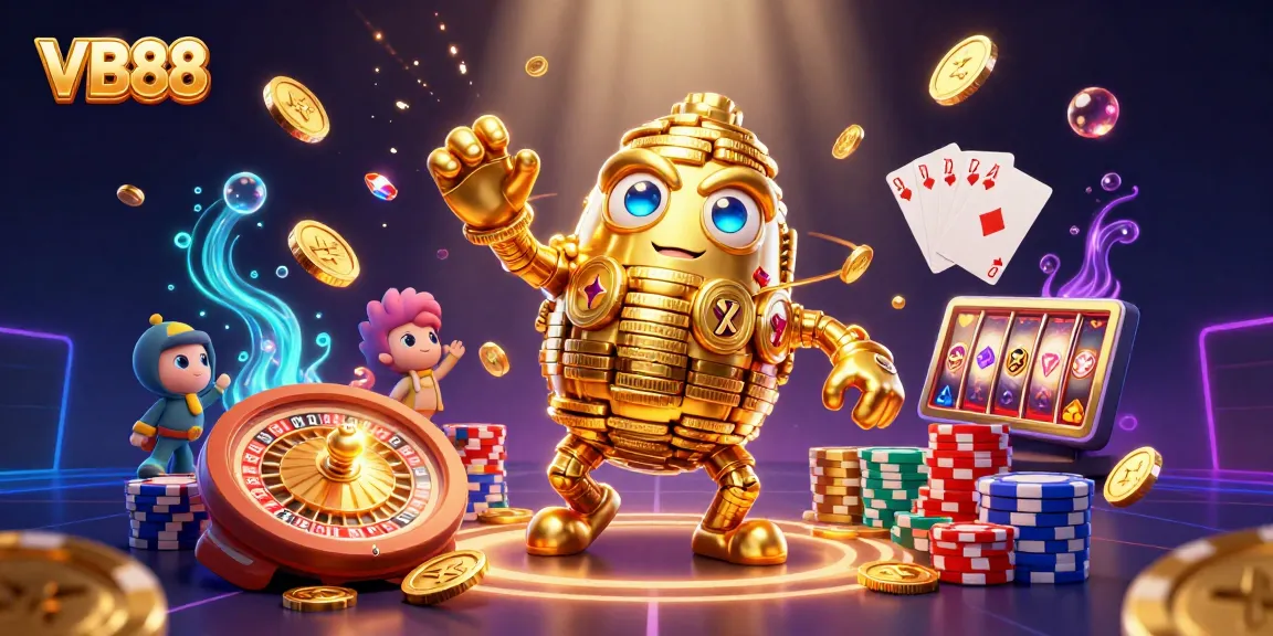 Spin the dynamic VB88 slot reels surrounded by vibrant casino elements and rich golden imagery.