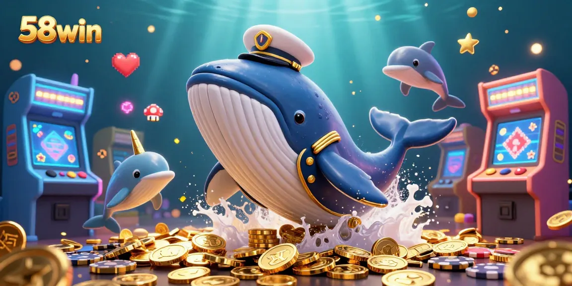 Engage with the thrilling undersea adventure of 58win, featuring a cartoon whale and dolphins in a vibrant casino scene.