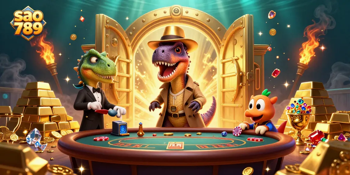 Satisfy your luck at sao 789 with a vibrant 3D casino scene featuring a velociraptor card counter and treasure.