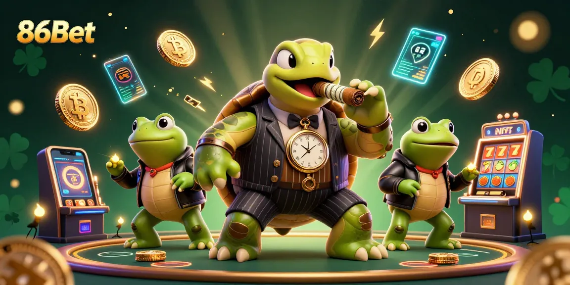 Join the fun at 86Bet's animated casino scene featuring a turtle in a mobster suit on a winning roll!
