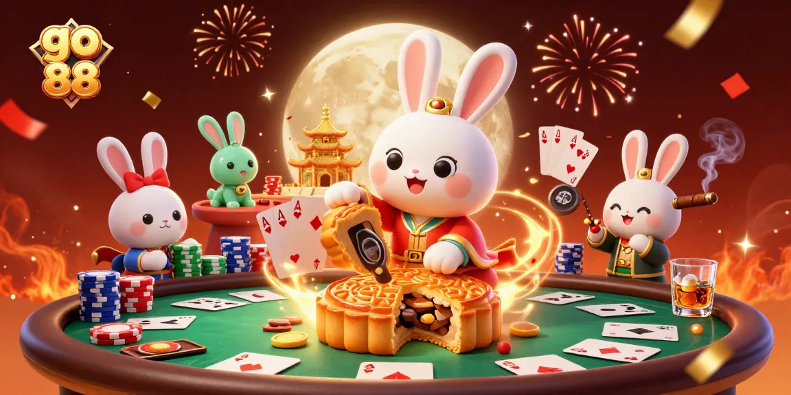 Engage with go 88 as a moon rabbit reveals poker chips from mooncakes in a festive casino scene.