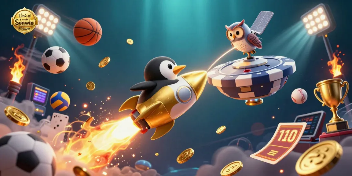 Engage in gaming excitement with Link vào Sunwin chính thức in a vibrant 3D casino scene featuring a golden penguin and dynamic sports elements.
