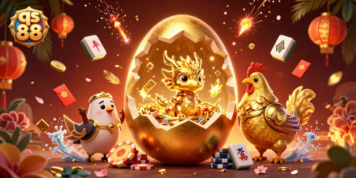 Experience the vibrant excitement of qs 88 with a dynamic scene of a golden baby dragon, poker chips, and festive elements.