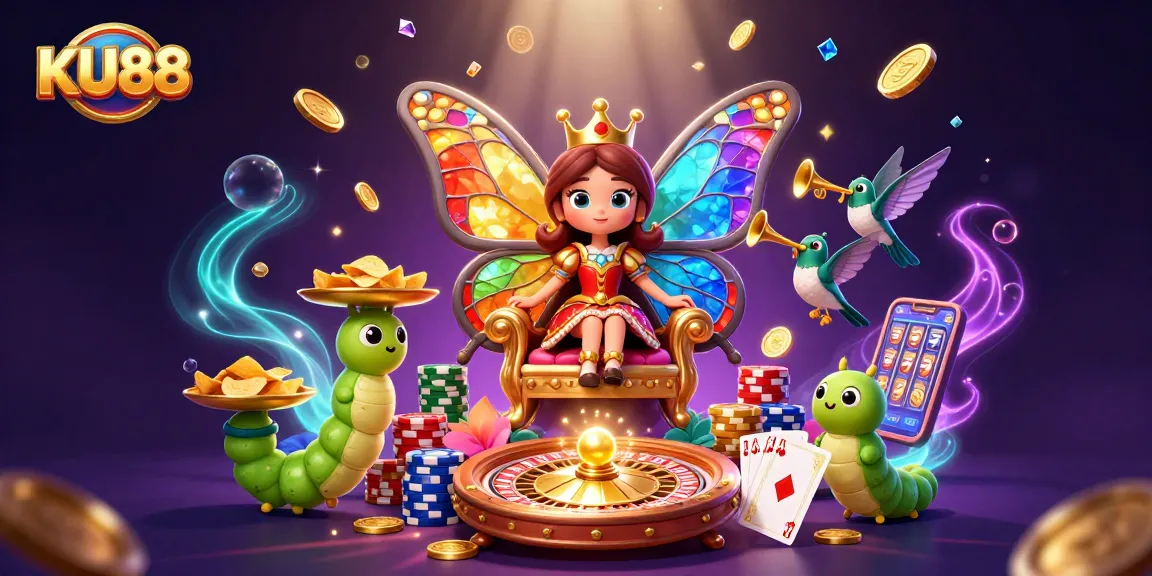 Experience thrilling gameplay at KU88 with a vibrant butterfly queen surrounded by casino elements.