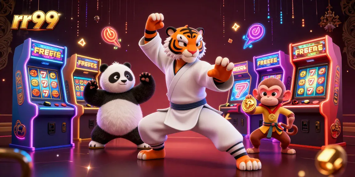 Engage in thrilling slots action with rr99 as cartoon characters illustrate a vibrant casino scene.