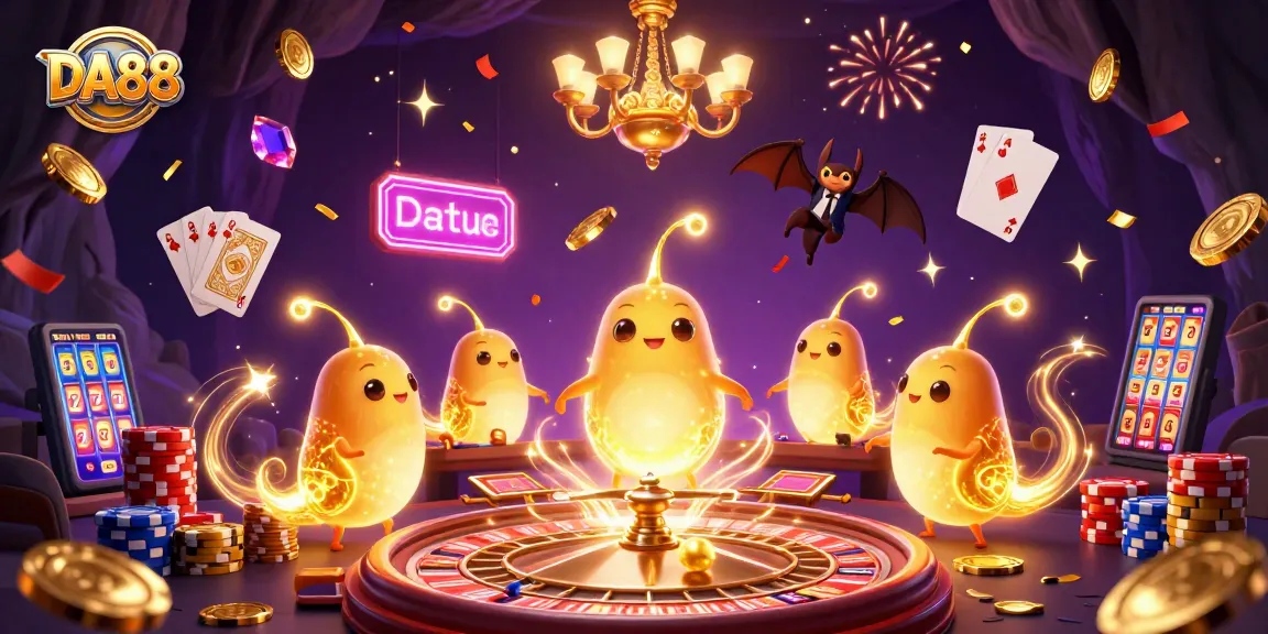 Engage in thrilling gameplay with DA88 as glowworms illuminate a vibrant cave casino scene.