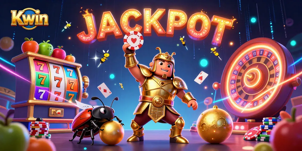 Kwin casino illustration showcasing a heroic beetle celebrating a jackpot amidst colorful slot machine elements and festive lights.