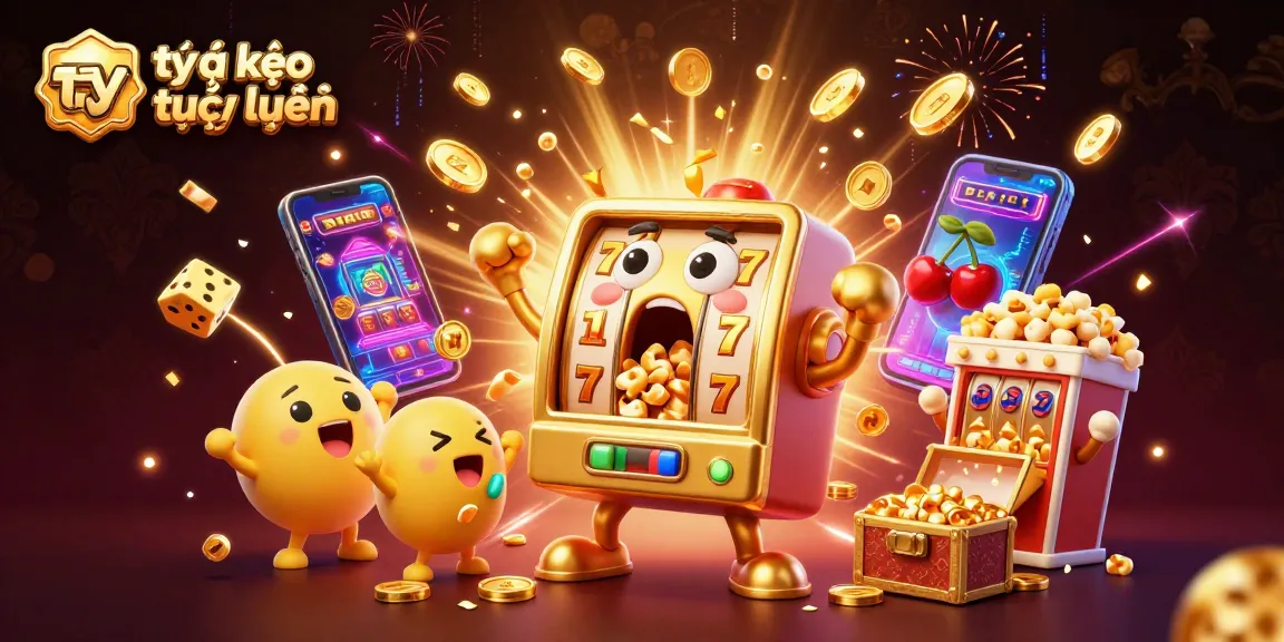 Experience the thrill of tỷ lệ kèo trực tuyến with a dynamic scene of slot machines and explosive coins.