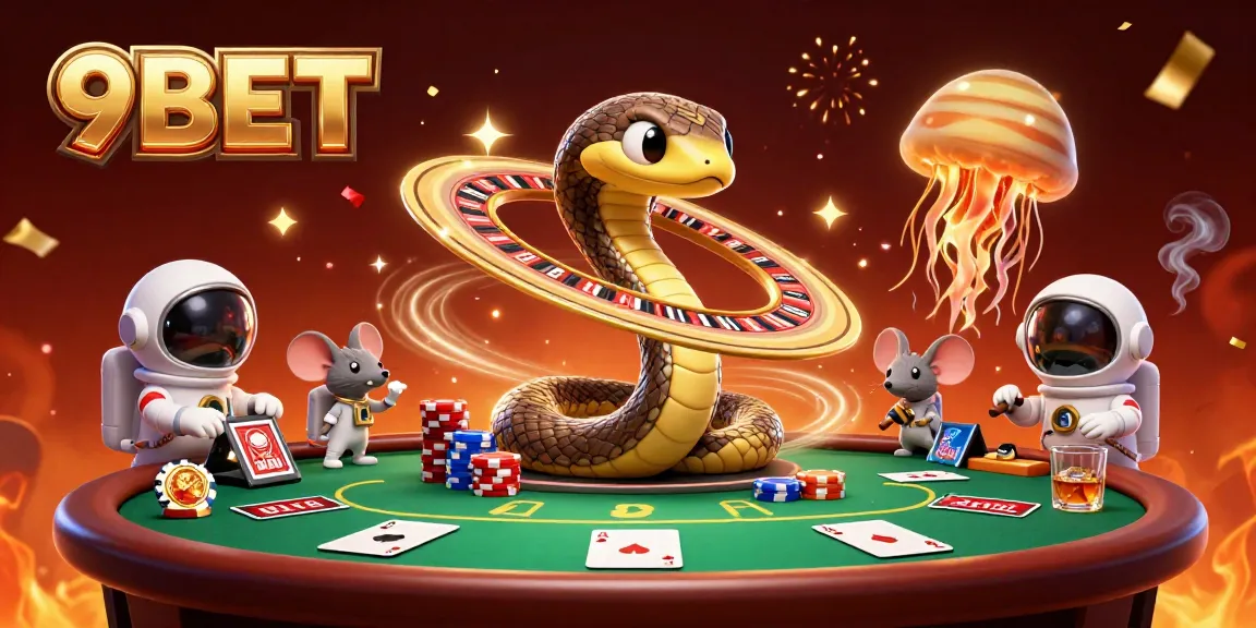 Experience thrilling bets with astronaut mice and a cosmic dealer in a vibrant 9BET casino scene.