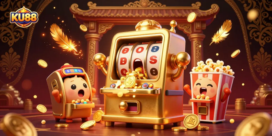Experience the thrills of KU88 with a golden slot machine celebrating a jackpot amidst coins and vibrant casino elements.