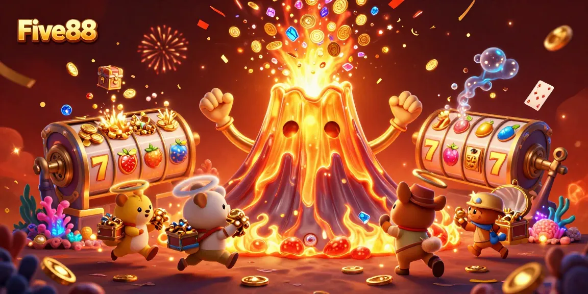 Engage in thrilling treasure hunts at Five88 with dazzling slot reels and vibrant casino elements.