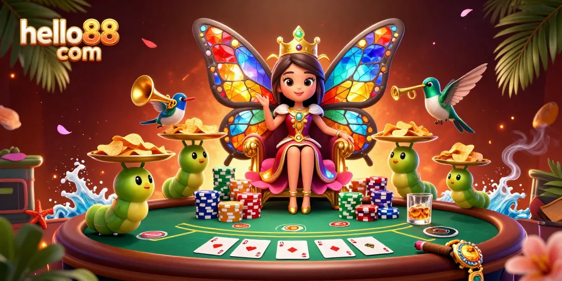 Engage with the colorful world of hello88 com, showcasing a vibrant casino scene filled with poker chips and playful characters.