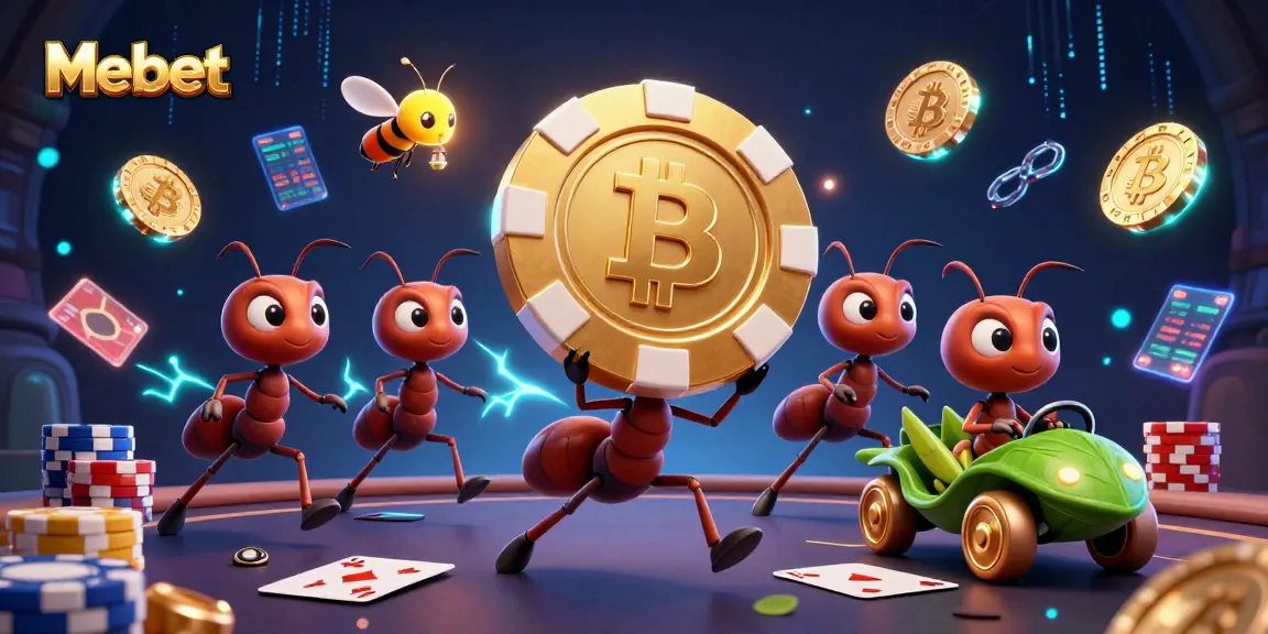 Mebet engages players in a dynamic poker heist scene featuring cartoon ant characters and animated casino elements.